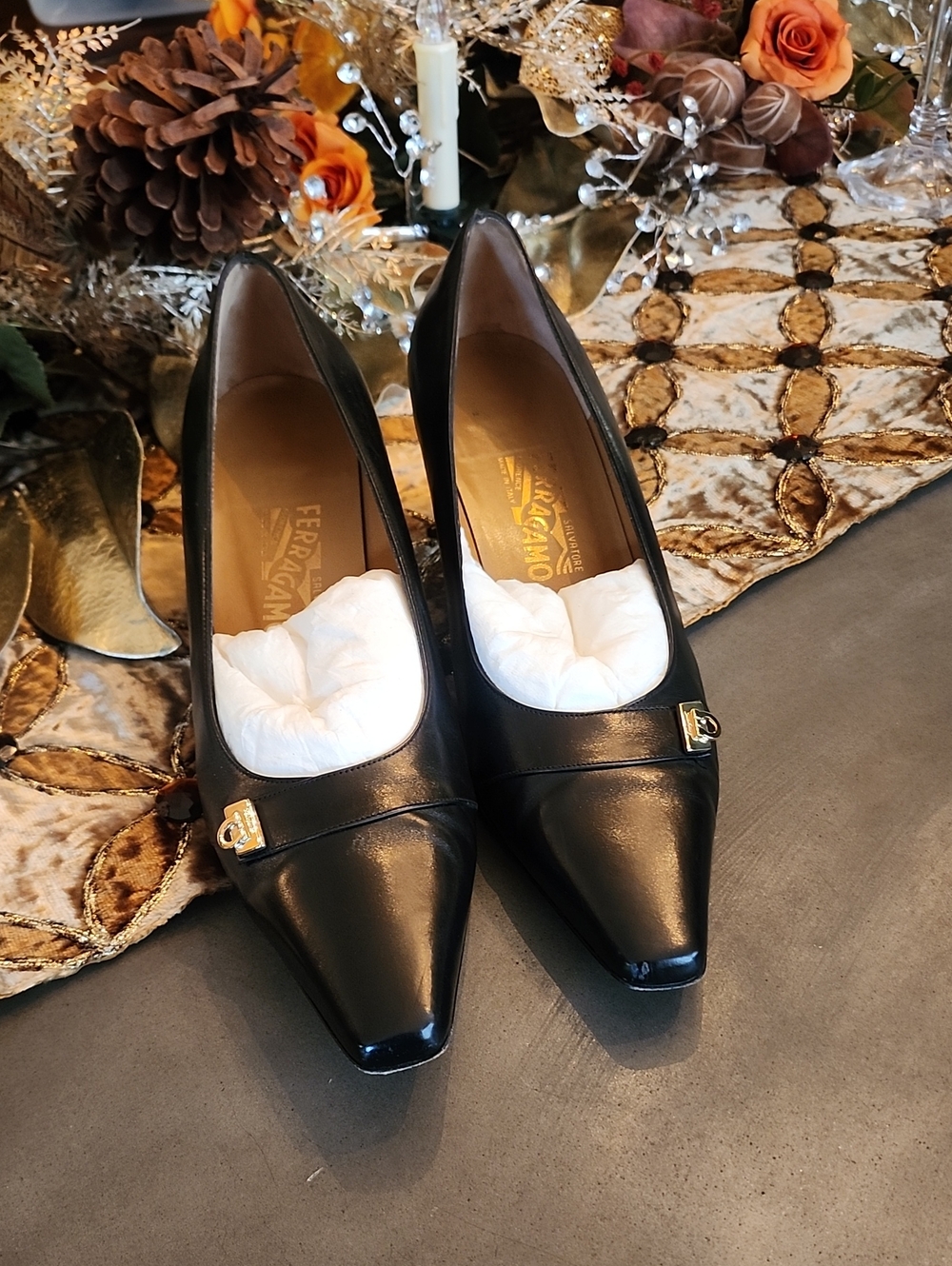 Salvatore Ferragamo Black Leather Pointed-Toe Heels with Gold Accent
